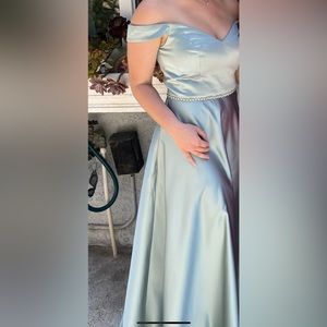 David’s Bridal Off the Shoulder Dusty Sage Dress for Bridesmaid or Wedding Guest
